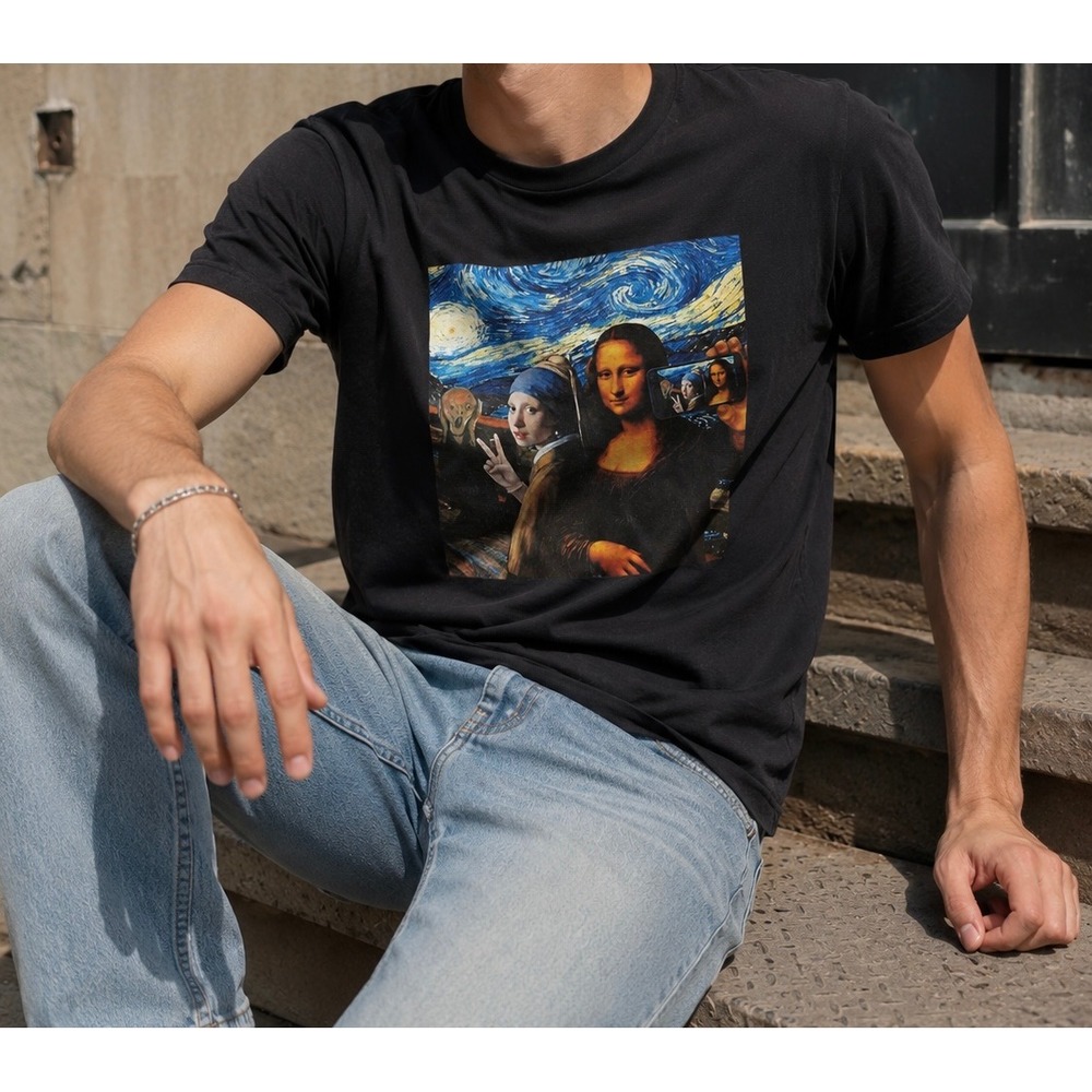 SHEIN Mens Art Mashup Graphic‎ Tee Black Mona Lisa Starry Night T-Shirt Large